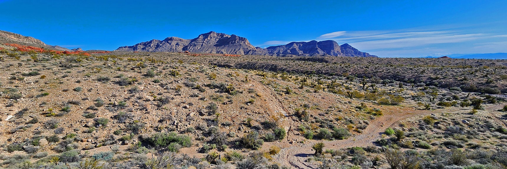 Road to Right Will Skirt Eastern Base of Damsel Peak. Summerlin Ridge Background. | Damsel Peak Loop | Gateway Peak | Brownstone Basin, Nevada