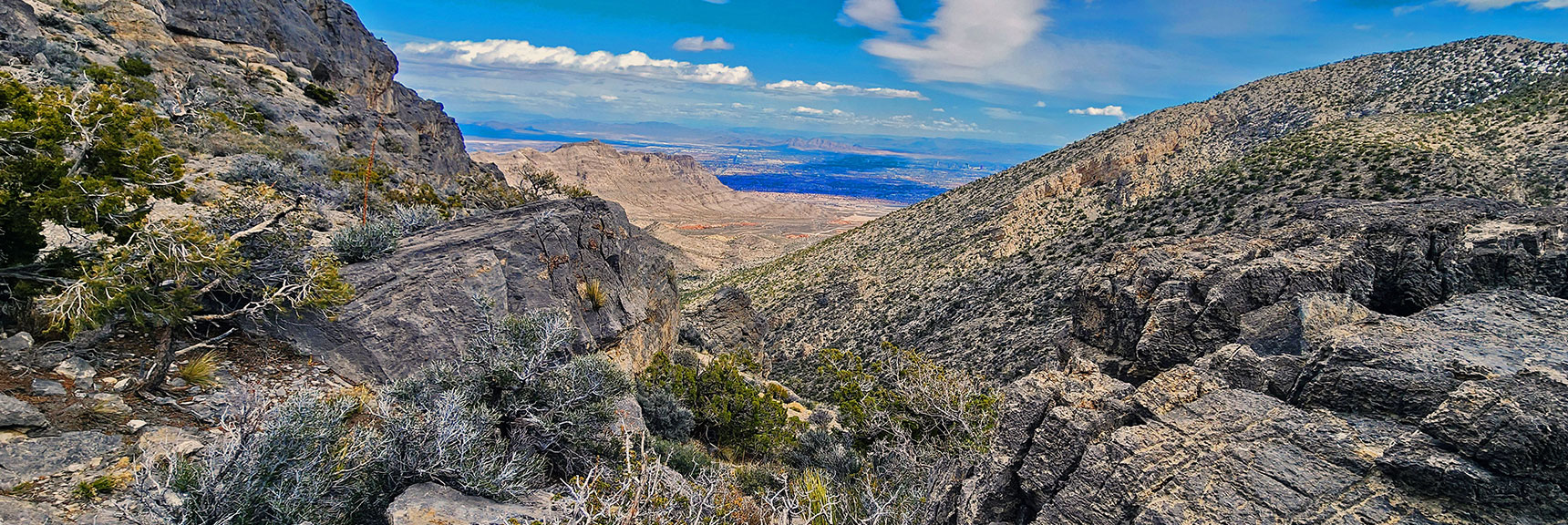 Arrival on Gateway Peak Summit. View Back Down Damsel Peak North Wash to Vegas Valley. | Damsel Peak Loop | Gateway Peak | Brownstone Basin, Nevada