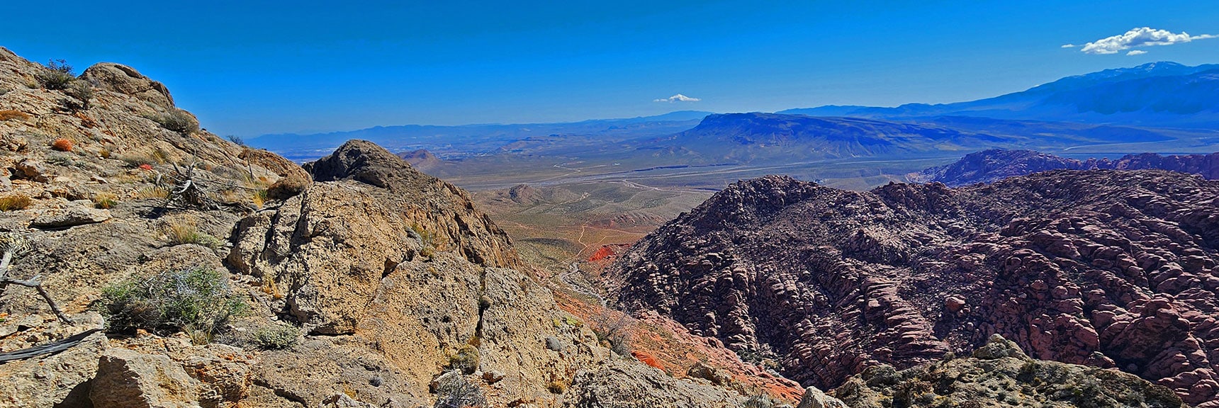 View Back Toward Calico Basin. Blue Diamond Hill Beyond Kraft Mt. | Gray Cap Ridge / Brownstone Basin Loop | La Madre Mountains Wilderness, Nevada