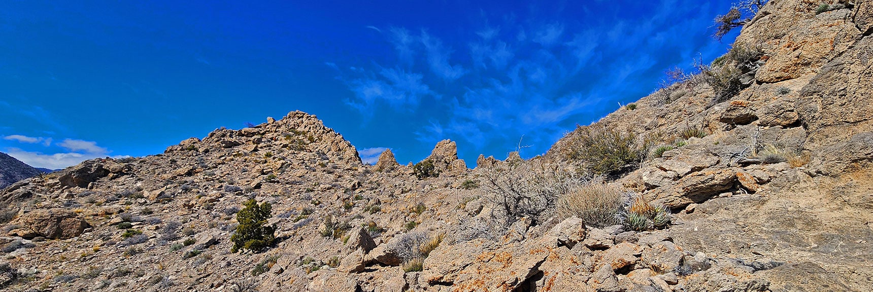 Round High Point, Descend at Central Pinnacle. | Gray Cap Ridge / Brownstone Basin Loop | La Madre Mountains Wilderness, Nevada