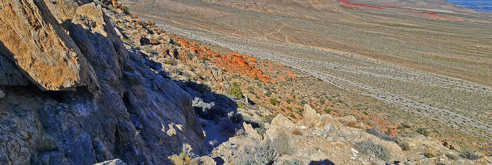 Begin Brownstone Basin Descent. Brief Class 3 Stretch Gets You to Gradual Slope Below. | Gray Cap Ridge / Brownstone Basin Loop | La Madre Mountains Wilderness, Nevada