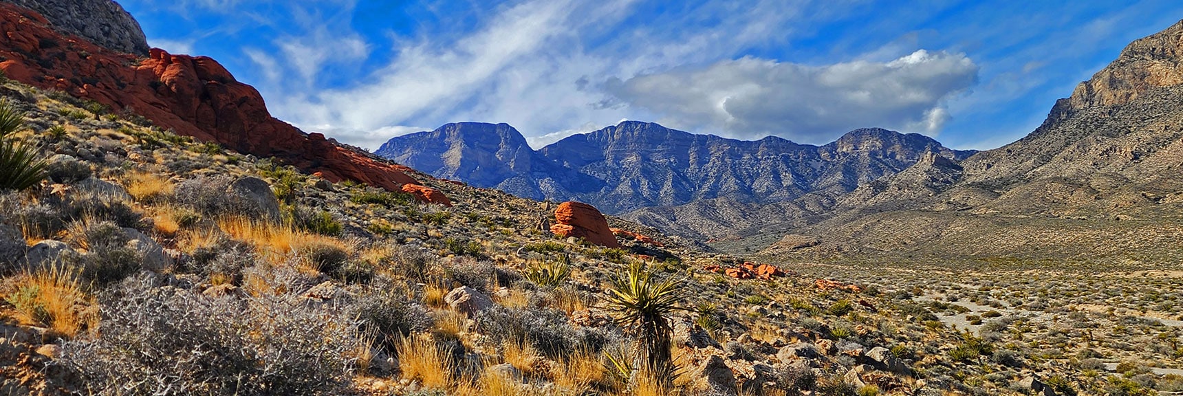 View Up Brownstone Basin To La Madre Mts. Ridgeline Cliffs. | Gray Cap Ridge / Brownstone Basin Loop | La Madre Mountains Wilderness, Nevada