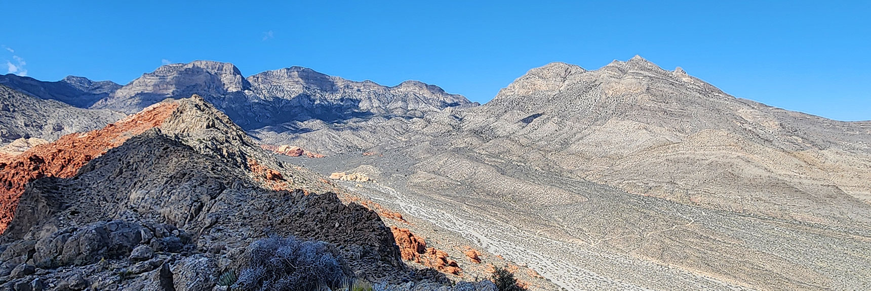 Damsel Peak (right); La Madre Ridgeline (horizon) | Gray Cap Ridge Southeast Summit | La Madre Mountains Wilderness, Nevada