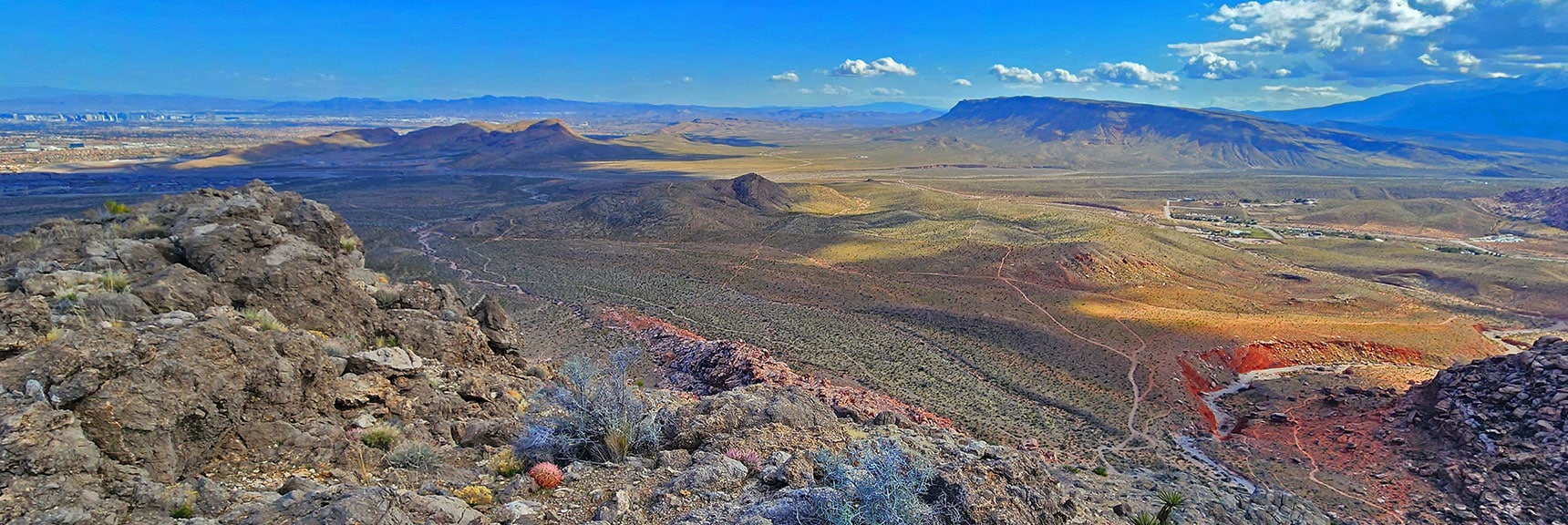 Calico Basin with Blue Diamond Hill Across Highway 159. | Gray Cap Ridge Southeast Summit | La Madre Mountains Wilderness, Nevada