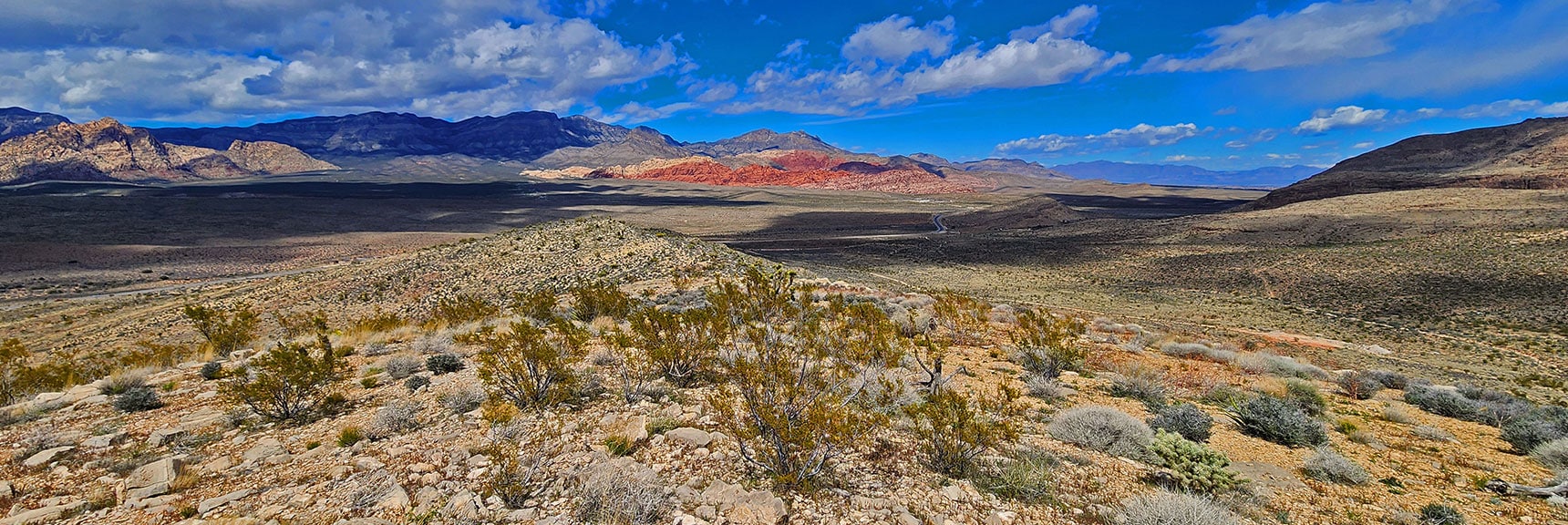 Larger View Toward Red Rock Canyon & La Madre Mts. Note Road Below to Right. | Western High Ridge | Blue Diamond Hill, Nevada